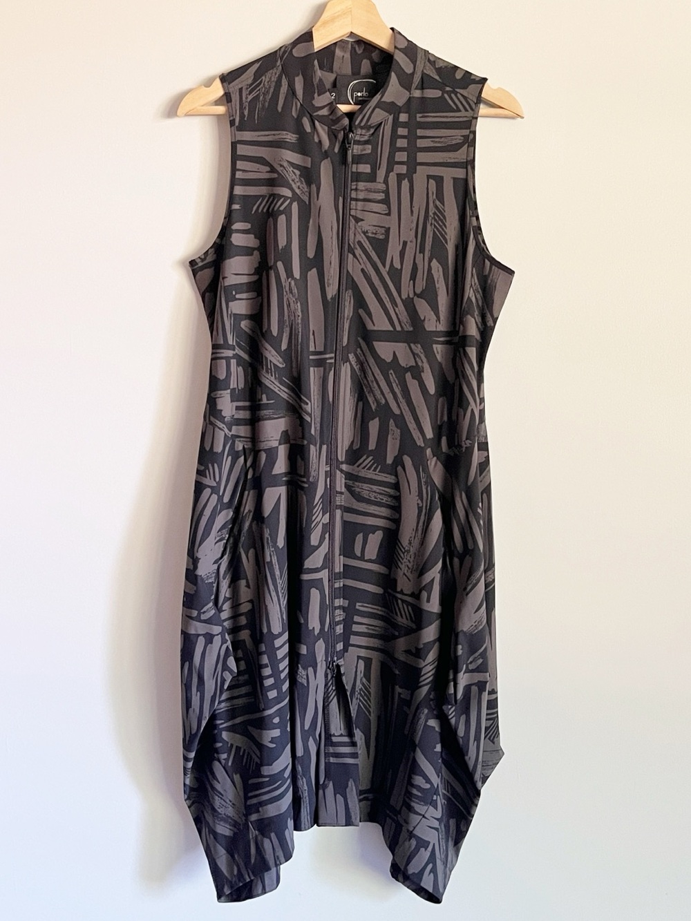 Porto San Francisco Dress Size 2 Medium Black Taupe Abstract Zip Up Lagenlook